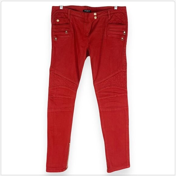 Balmain Denim - Balmain Paris Red Moto Biker Skinny Jeans Quilted Zipper Pockets Stretch 46 14